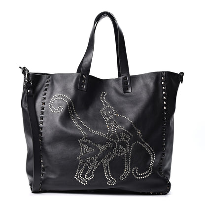Valentino Garavani Vitello Monkey Studded Rockstud Tote Black 1 of 7
