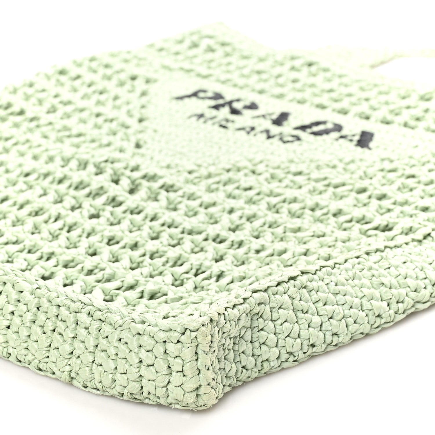 Prada Yarn Raffia Effect Crochet Logo Embroidered Tote Bag Acqua 9 of 9