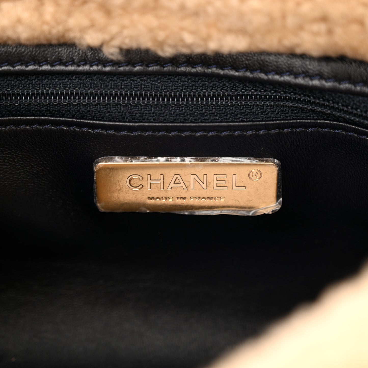 Crumpled Calfskin Shearling Sheepskin Quilted Large Chanel 19 Flap Navy