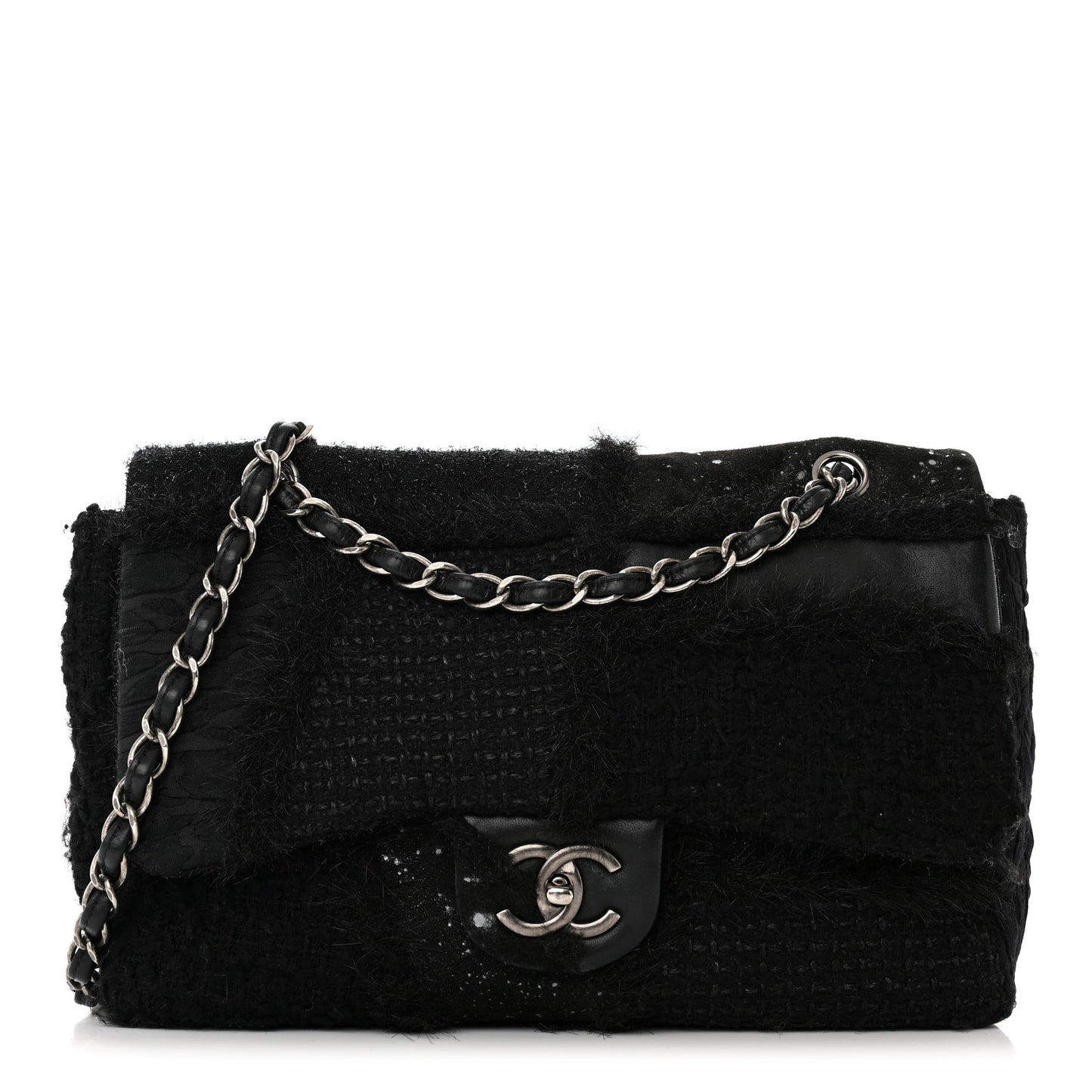 Tweed Faux Fur Patchwork Jumbo Single Flap Black
