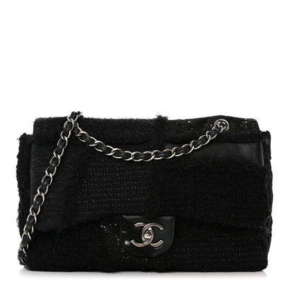 Chanel Tweed Faux Fur Patchwork Jumbo Single Flap Black 1 of 11