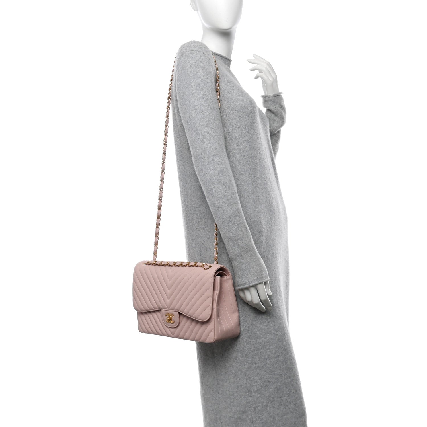 Chanel Calfskin Chevron Quilted Jumbo Double Flap Light Pink 2 of 10