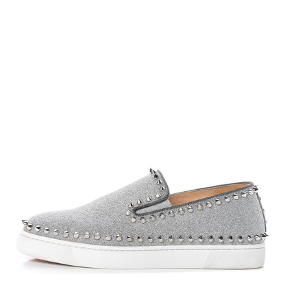 Christian Louboutin Calfskin Glitter Spikes Womens Pik Boat Sneakers 38.5 Silver 1 of 9