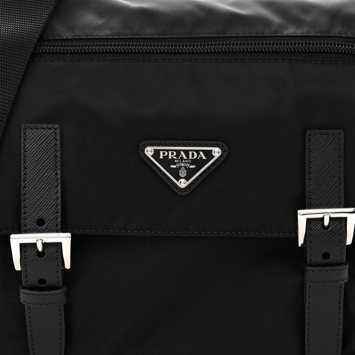 Re-Nylon Vela Saffiano Pocket Double Buckle Messenger Shoulder Bag Black