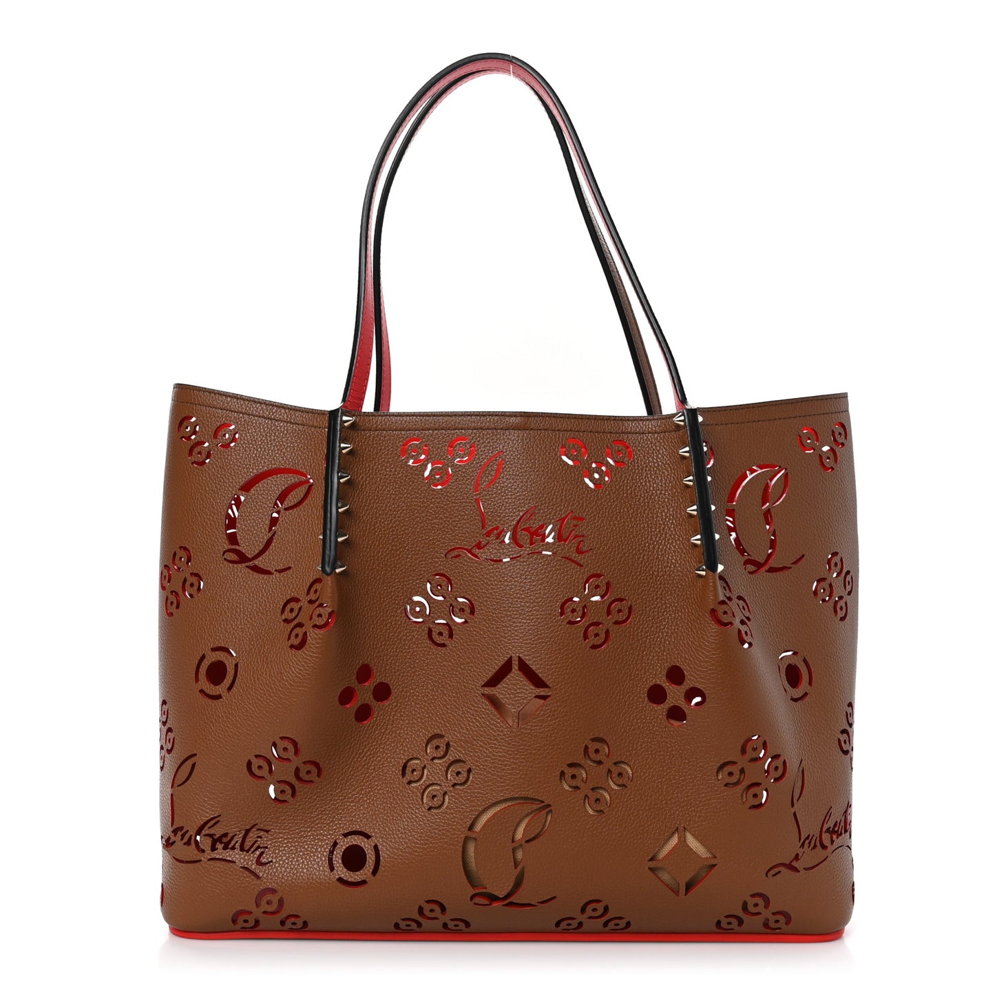 Calfskin Loubinthesky Small Perforated Cabarock Spikes Tote Biscotto
