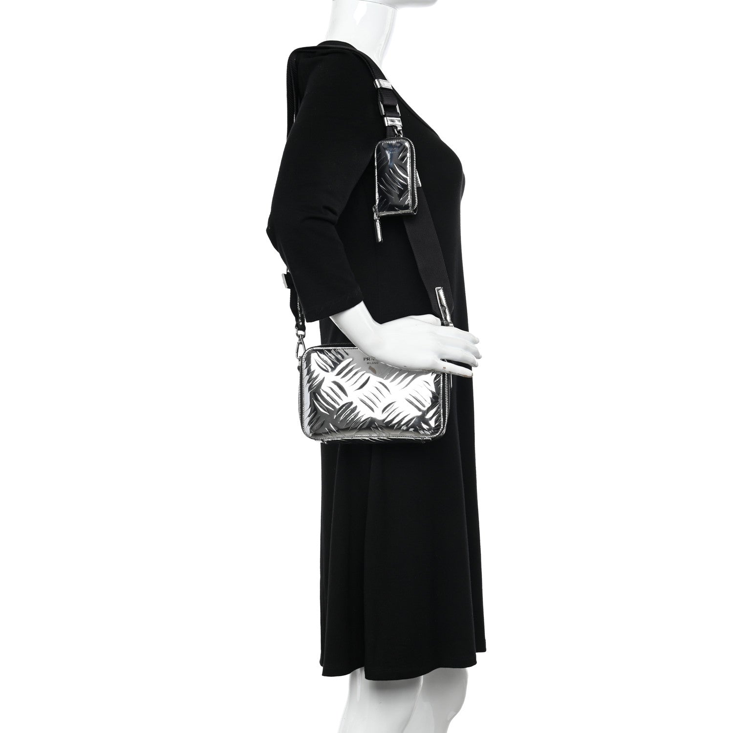 Prada Spazzolato Embossed Small Brique Crossbody Bag Argento 2 of 10