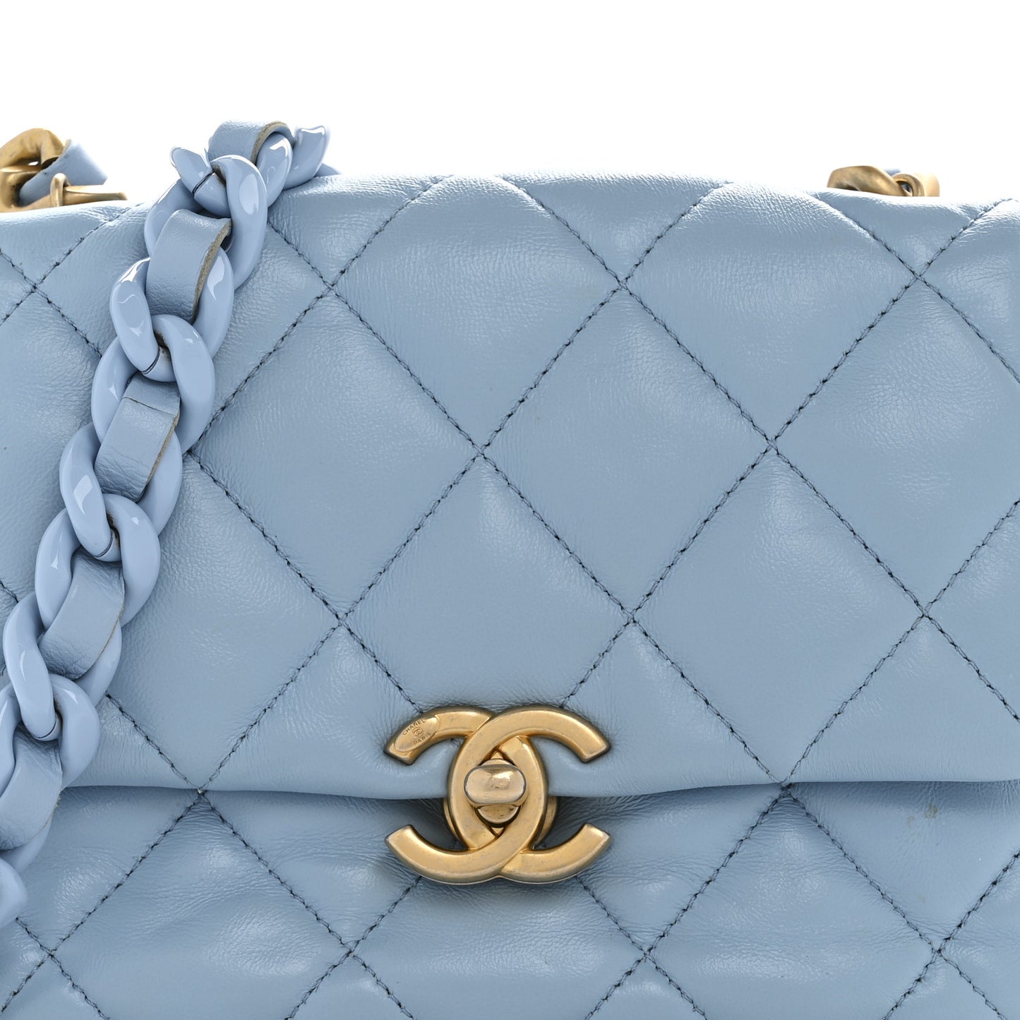 Lambskin Quilted Mini Lacquered Chain Flap Light Blue