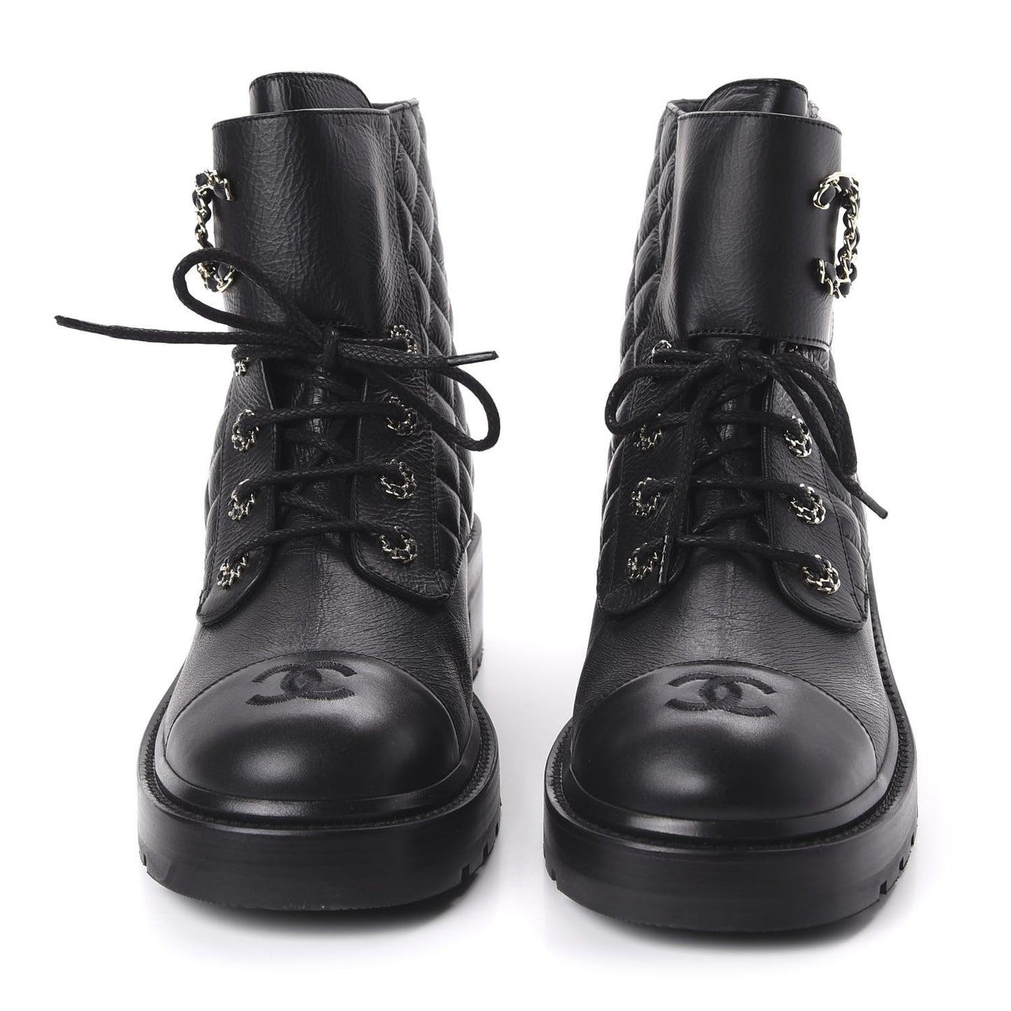 Shiny Goatskin Calfskin Quilted Lace Up Combat Boots 42 Black