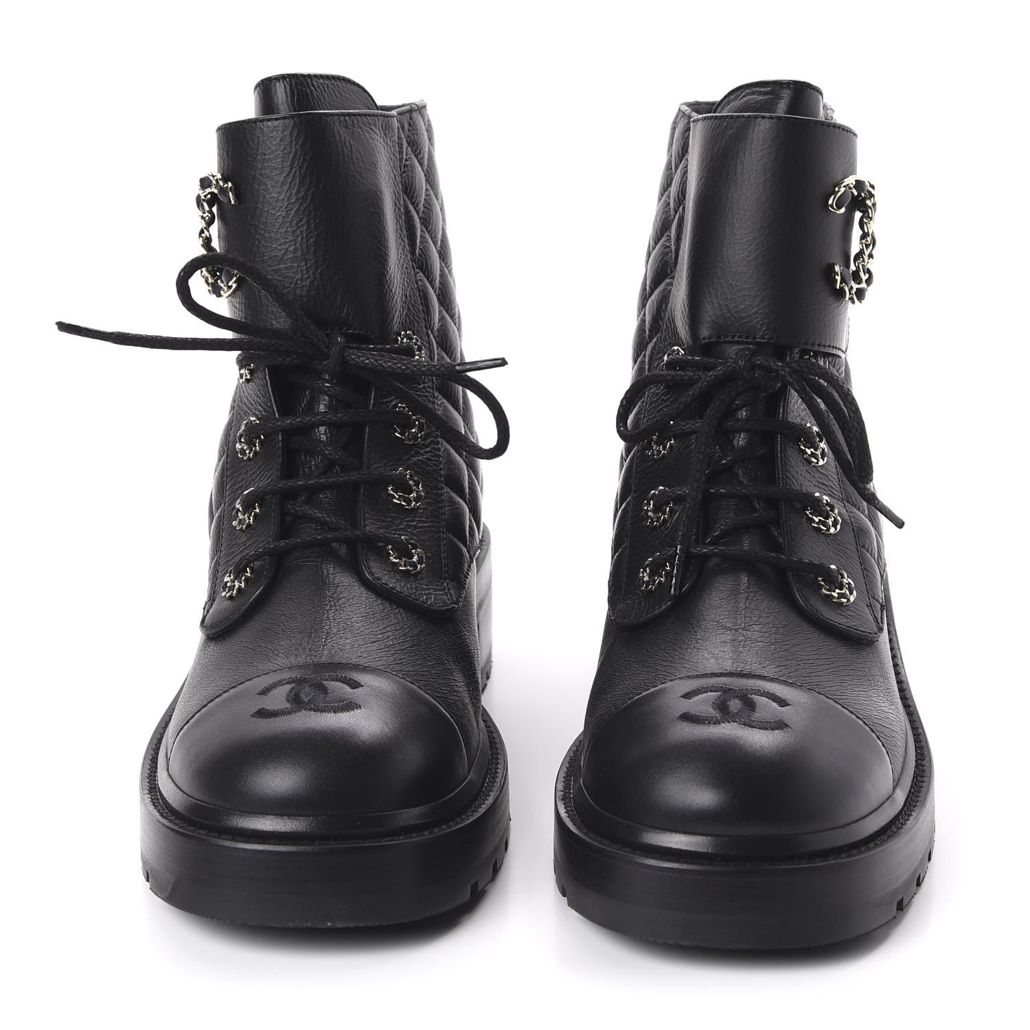 Chanel Shiny Goatskin Calfskin Quilted Lace Up Combat Boots 42 Black 2 of 9