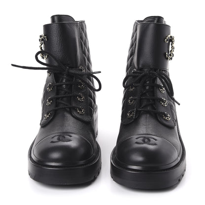 Chanel Shiny Goatskin Calfskin Quilted Lace Up Combat Boots 42 Black 2 of 9