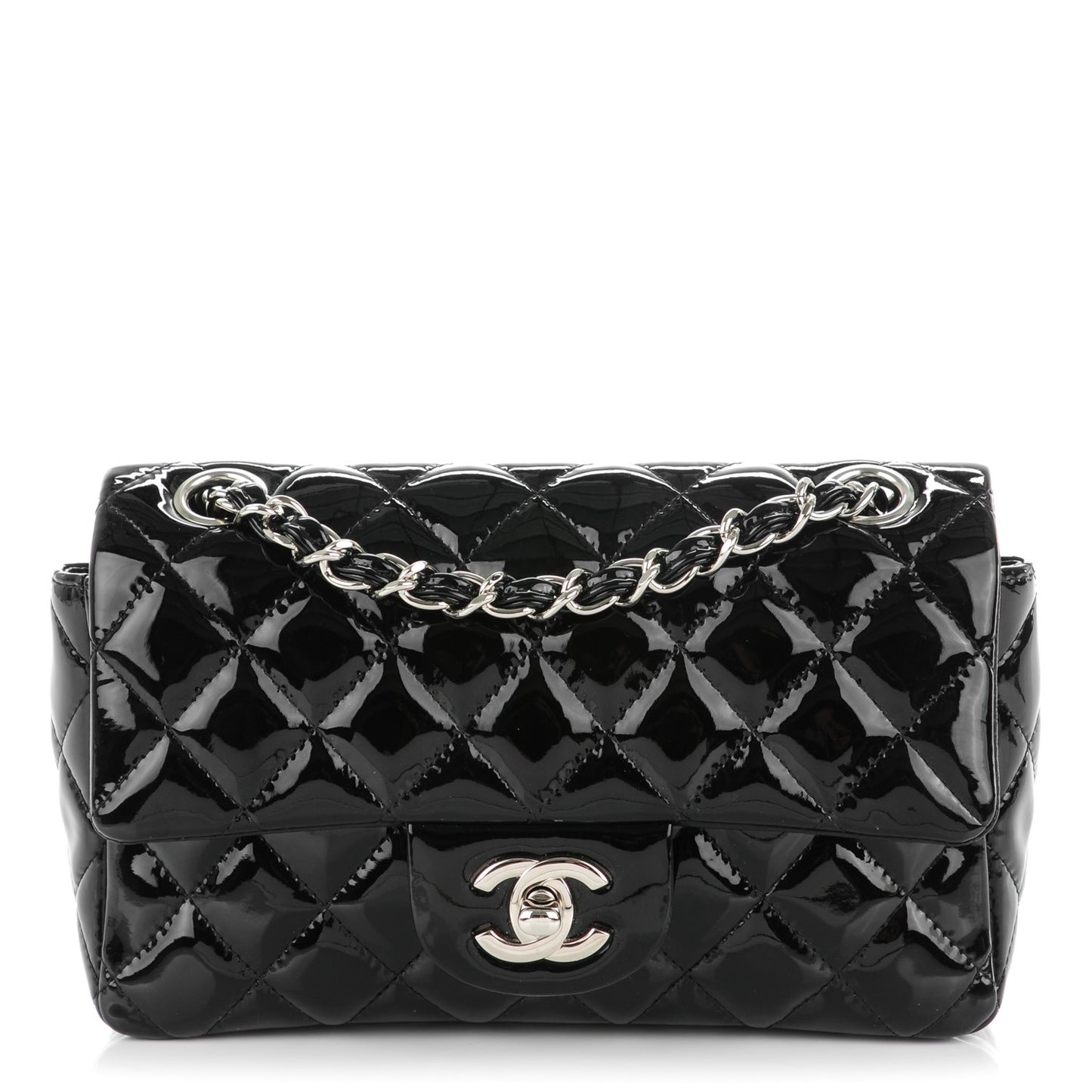 Patent Calfskin Quilted Mini Rectangular Flap Black
