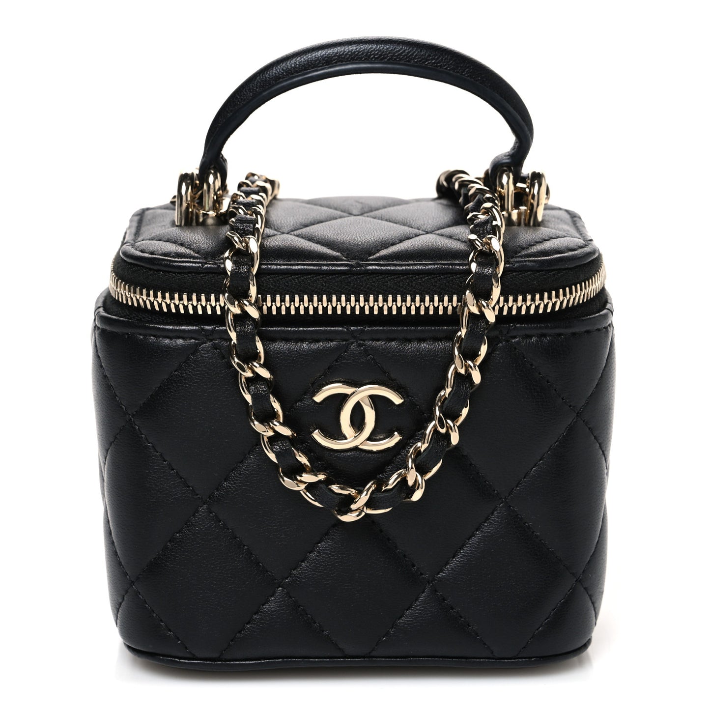 Lambskin Quilted Top Handle Mini Vanity Case With Chain Black