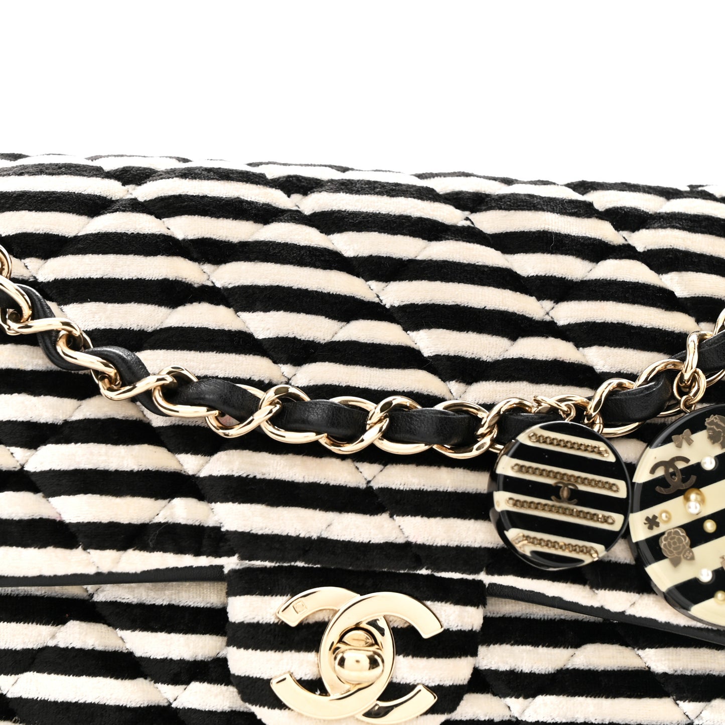 Velvet Quilted Striped Medium Single Flap Black White