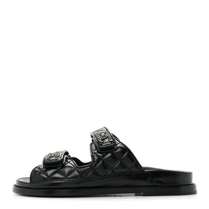 Chanel Lambskin Quilted Velcro Dad Chain CC Slide Sandals 38 Black 1 of 9
