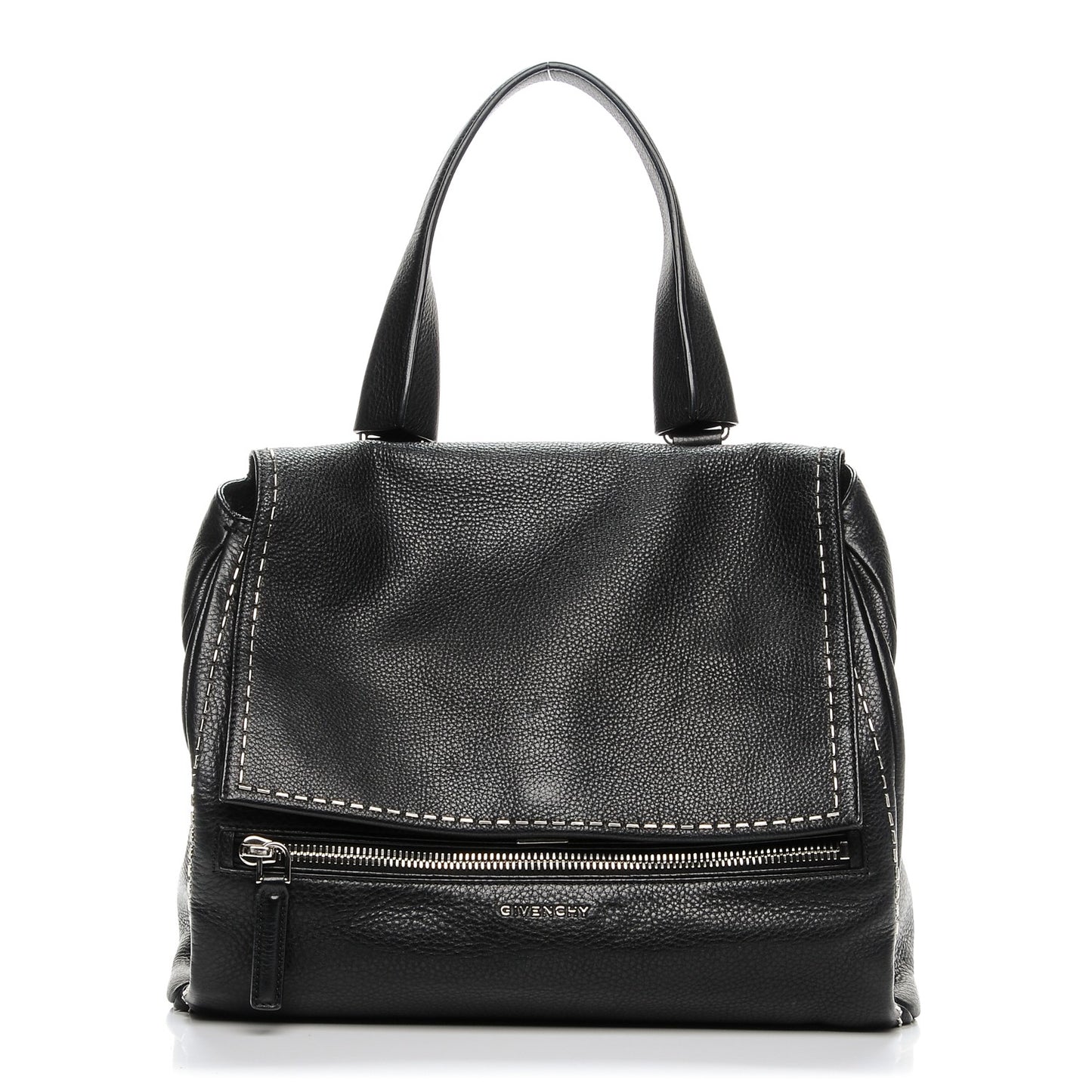 Grained Calfskin Metal Stitch Medium Pandora Pure Flap Bag Black