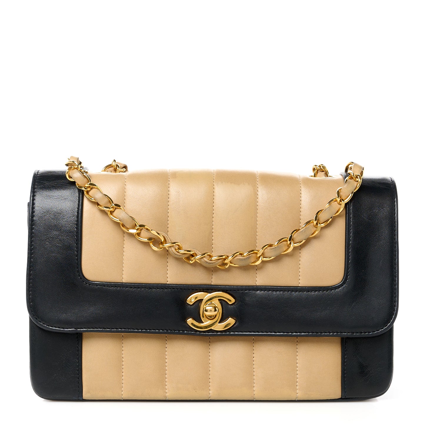 Lambskin Vertical Quilted Small Flap Beige Black