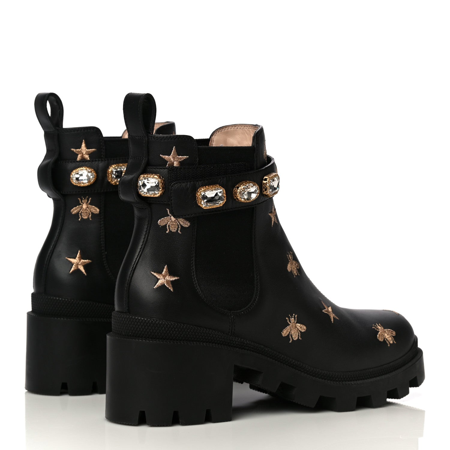 Gucci Calfskin Bee Star Embroidered Belt Ankle Boots 39.5 Black 4 of 9