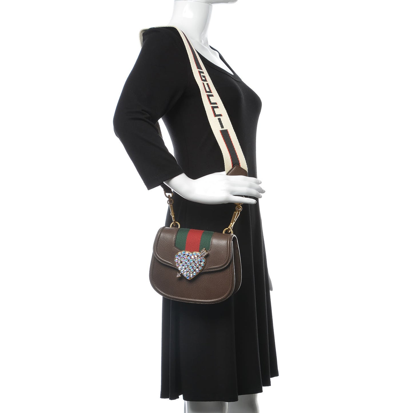 Textured Calfskin Web Crystal Heart Stripe Small Totem Shoulder Bag New Acero