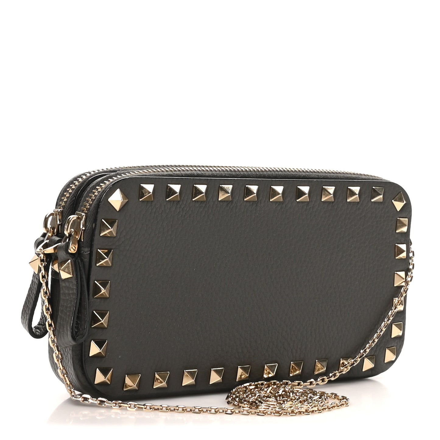 Pebbled Calfskin Rockstud Double Zip Camera Crossbody Bag Graphite