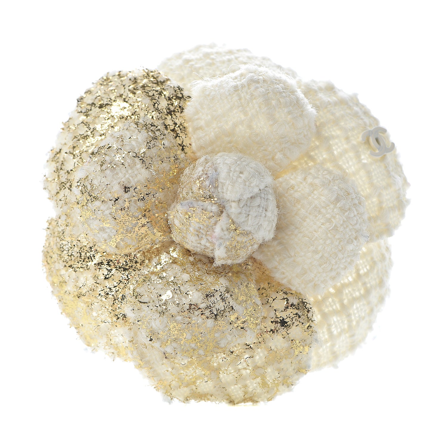Metallic Tweed CC Camellia Brooch Gold Ivory