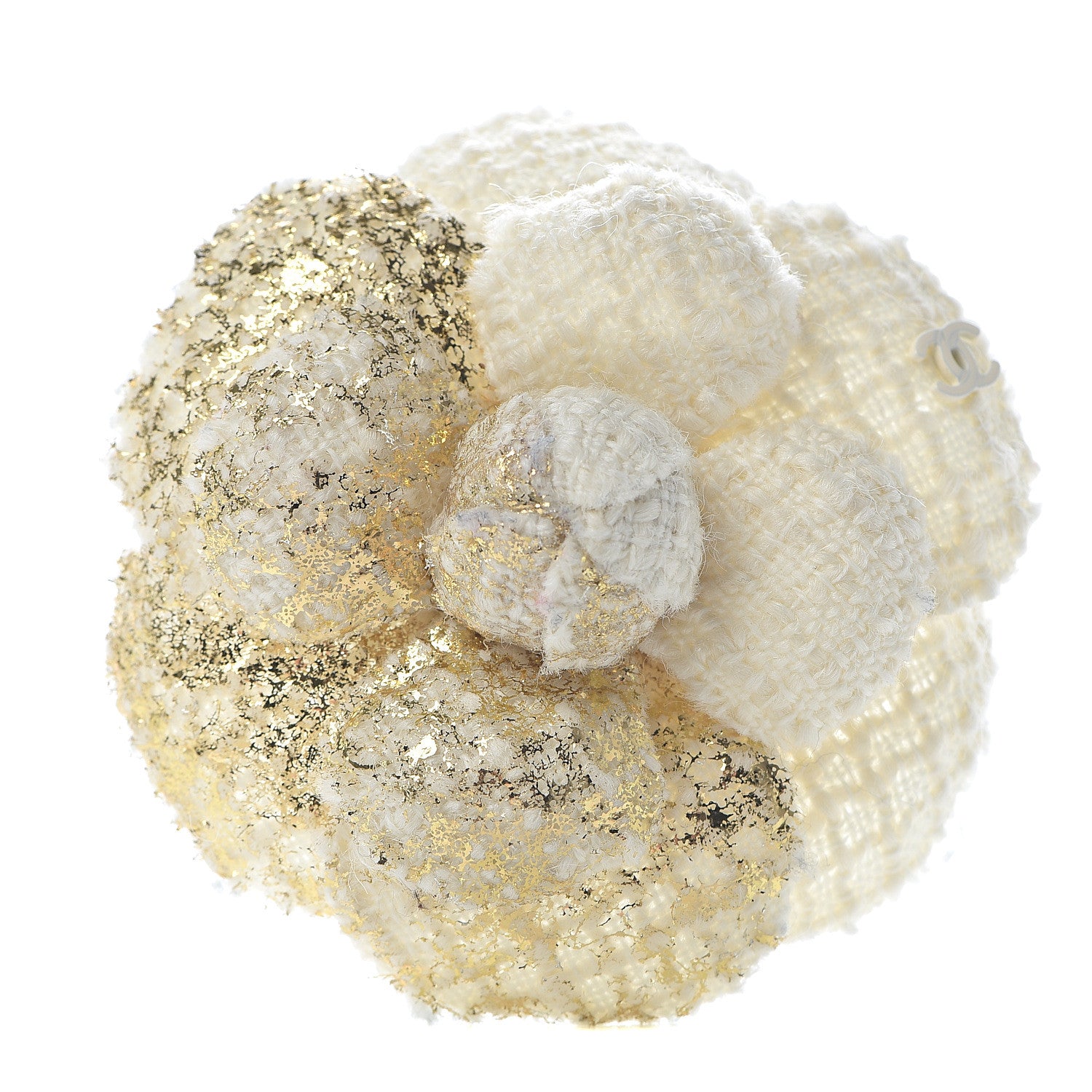 Chanel Metallic Tweed CC Camellia Brooch Gold Ivory 1 of 4
