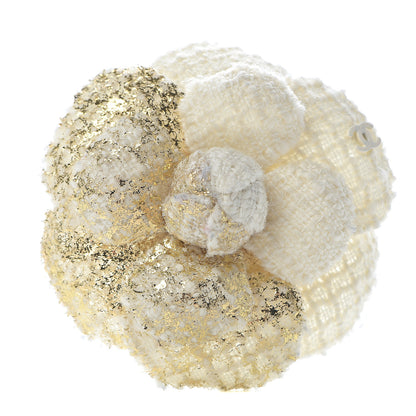Chanel Metallic Tweed CC Camellia Brooch Gold Ivory 1 of 4