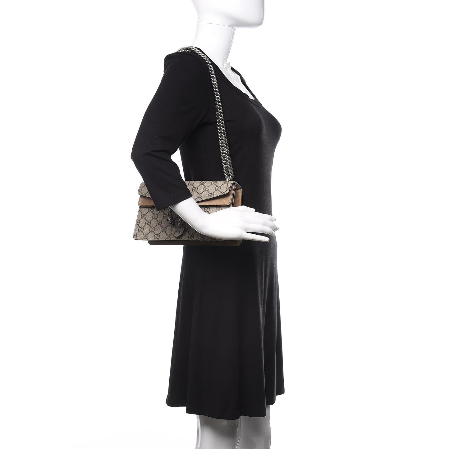 GG Supreme Monogram Suede Crystal Small Dionysus Shoulder Bag Beige Ebony Taupe