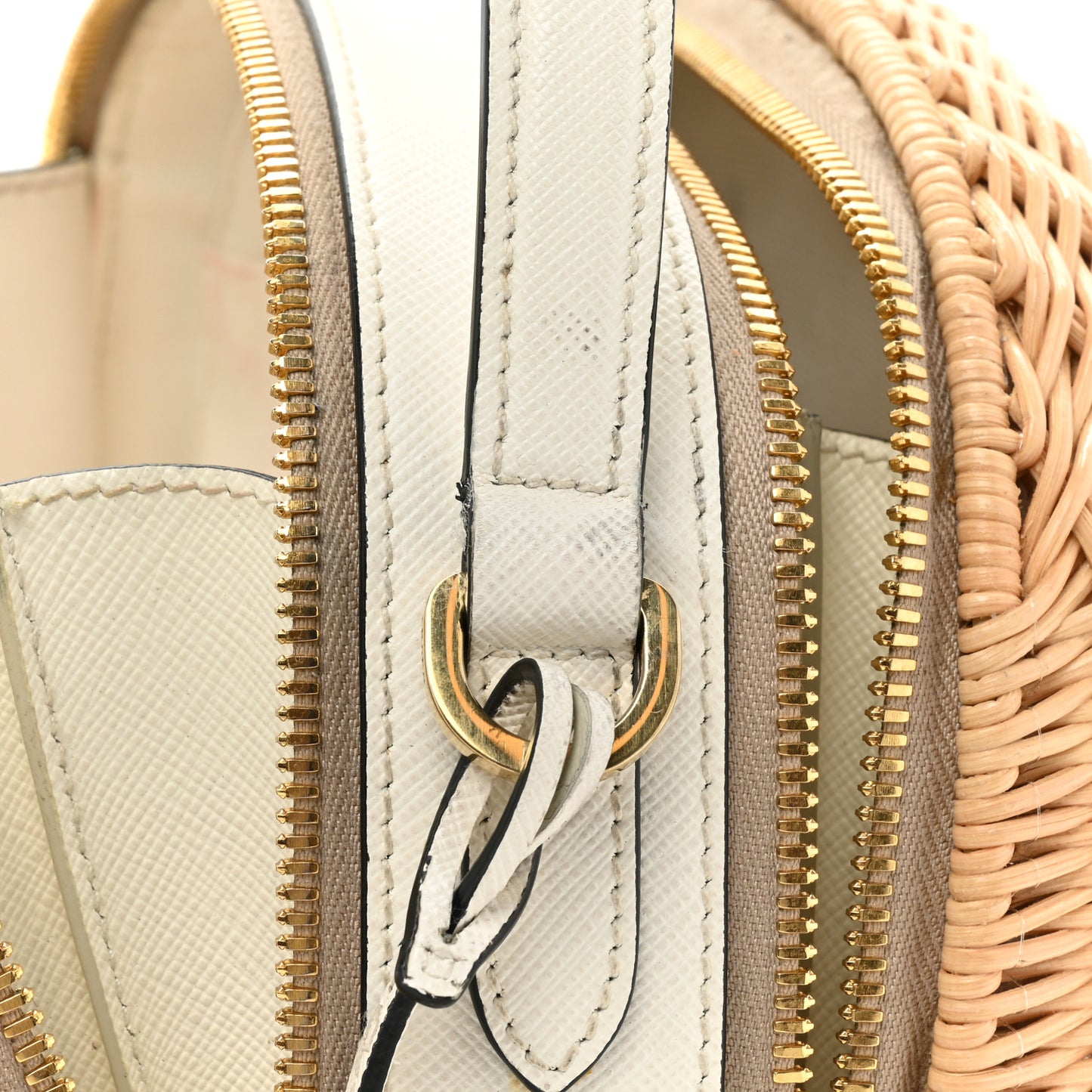 Wicker Saffiano Midolino Odette Top Handle Bag Tan White