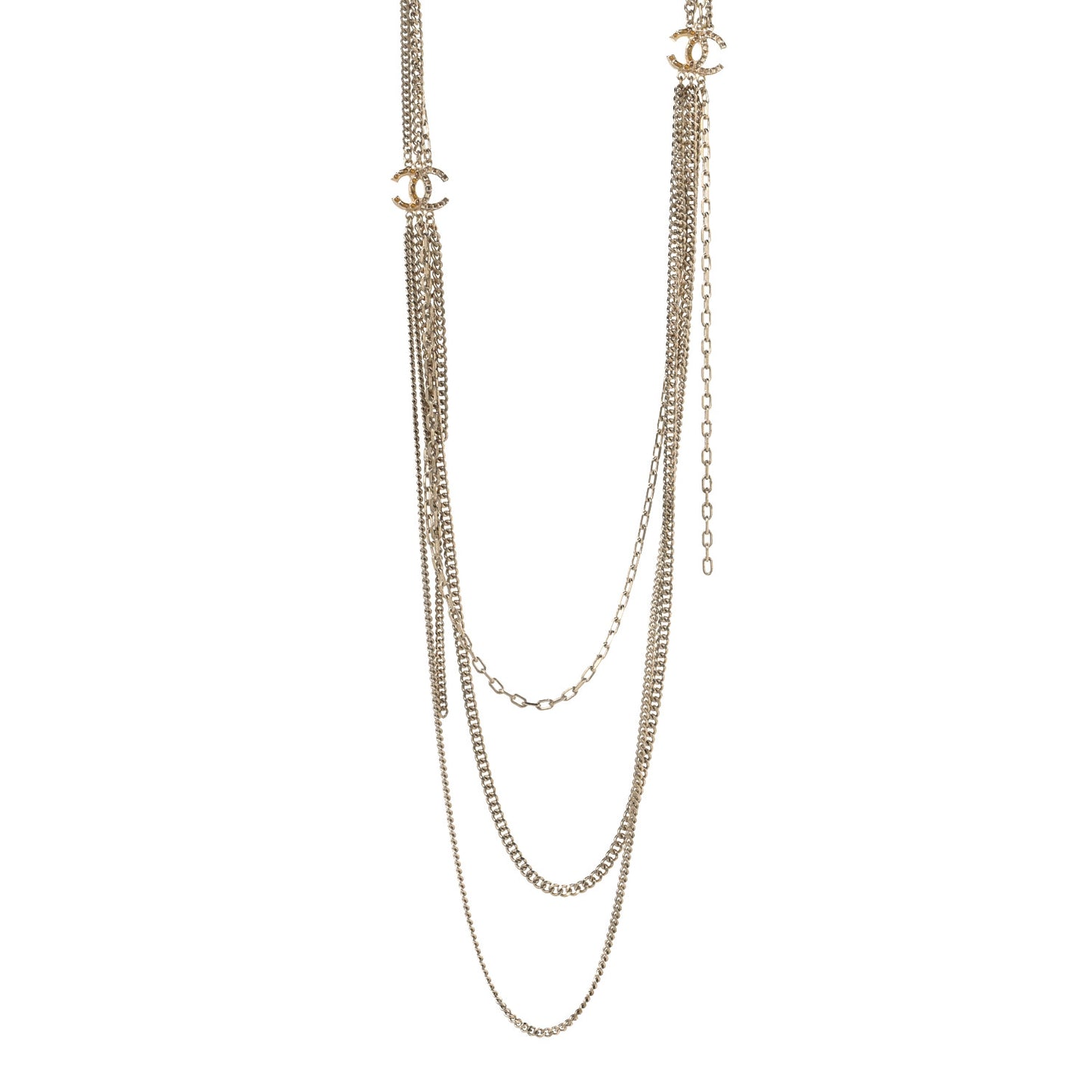 Baguette Crystal Gripoix Poured Glass CC Multi Strand Chain Necklace Light Gold
