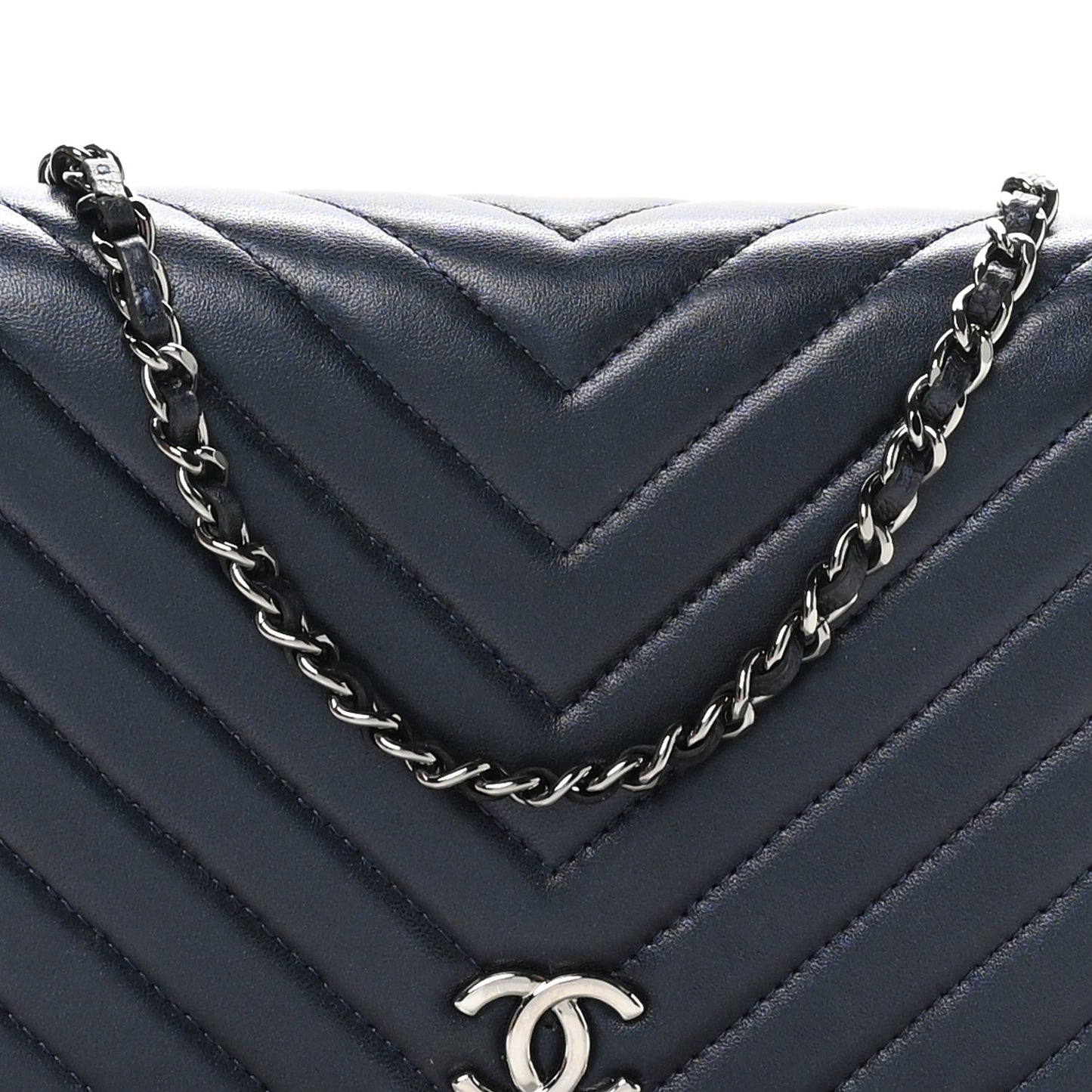 Lambskin Chevron Quilted Studded Wallet On Chain WOC Navy