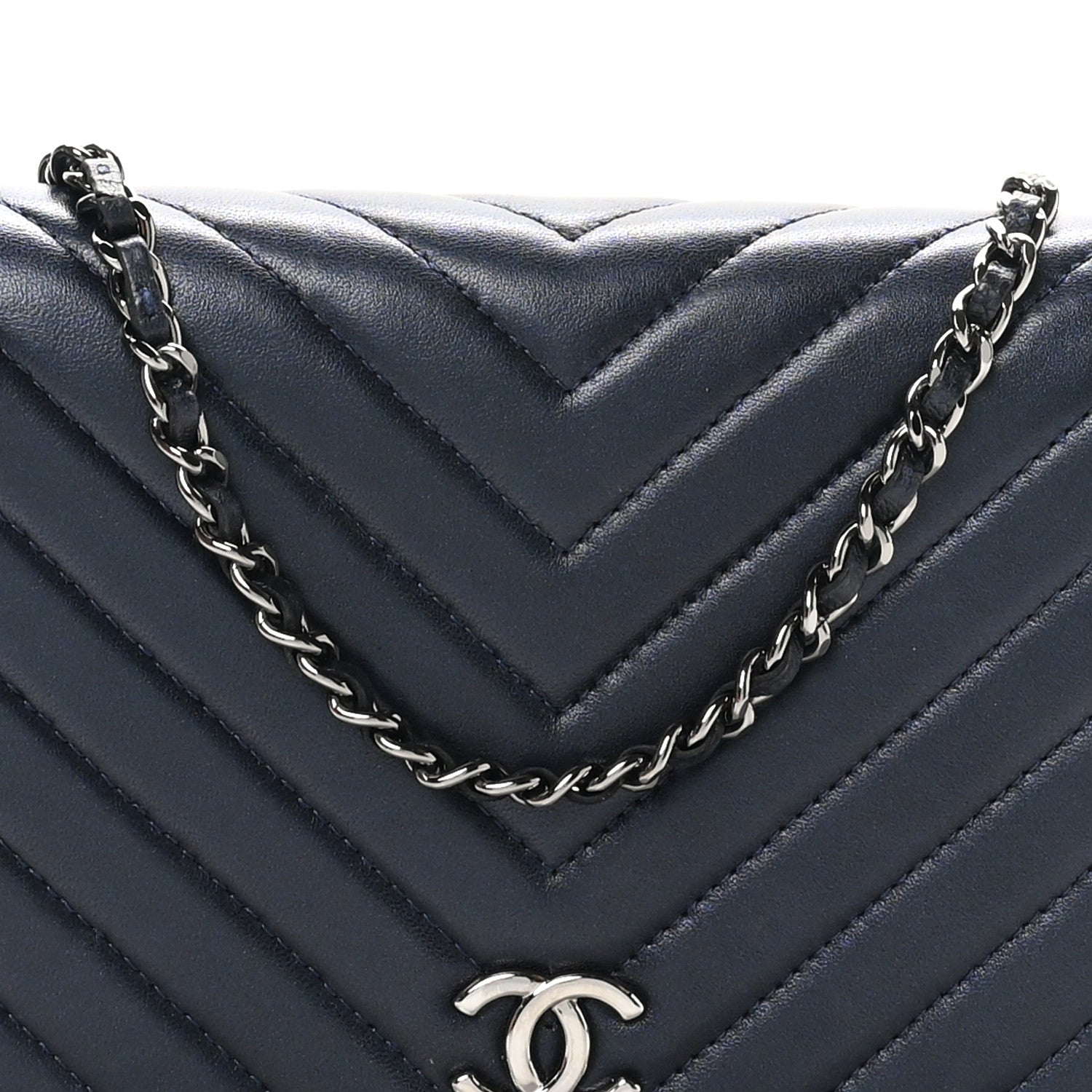 Chanel Lambskin Chevron Quilted Studded Wallet On Chain WOC Navy 8 of 13