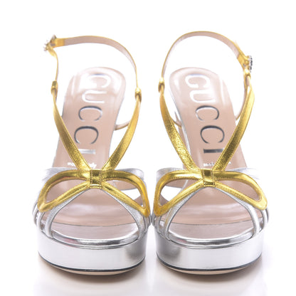 Gucci Metallic Nappa Crystal Zephyra Slingback Platform High Heel Sandals 39 Silver Gold 2 of 10