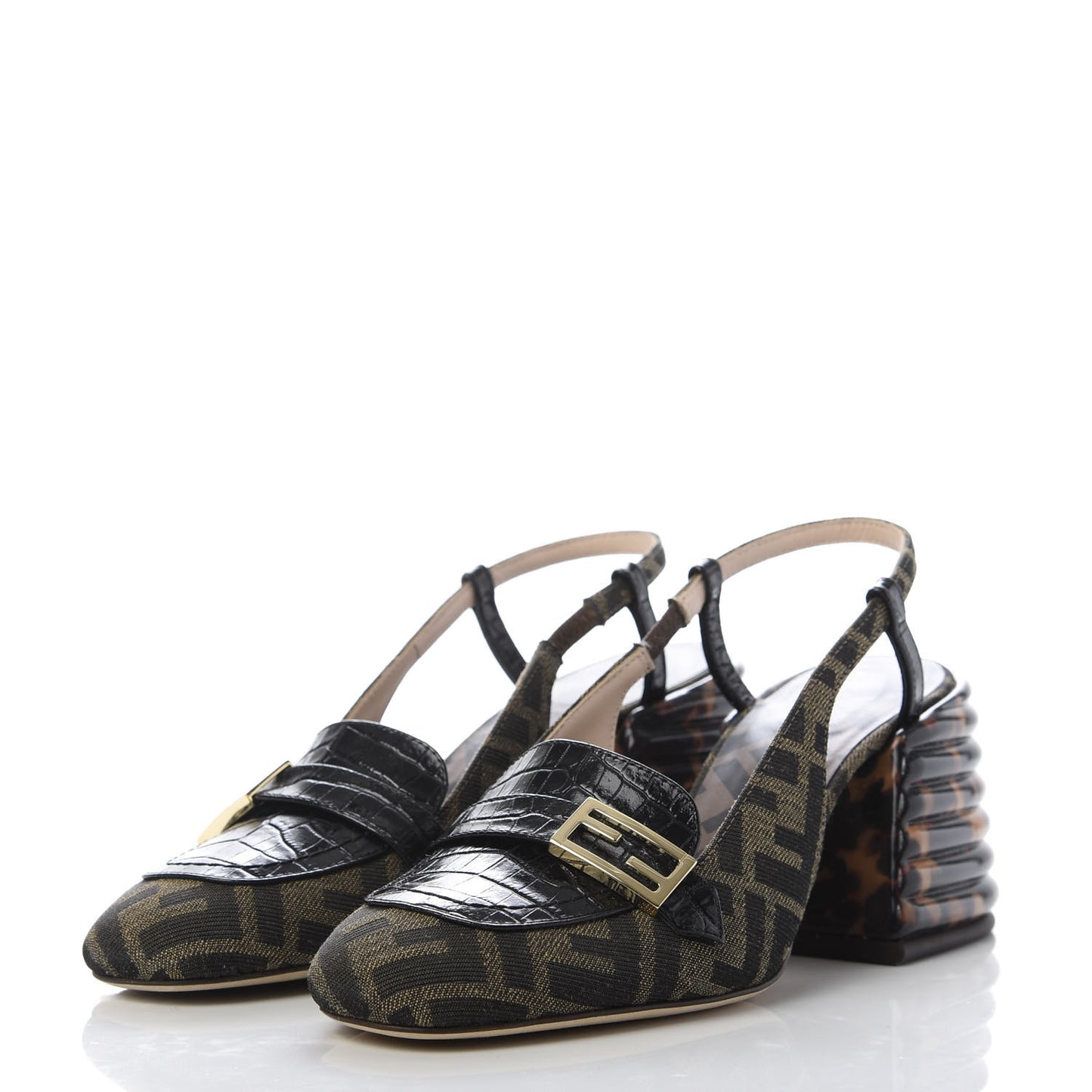 Jacquard Calfskin FF Tortoise Promenade Slingback Loafer Pumps 36.5 Tobacco
