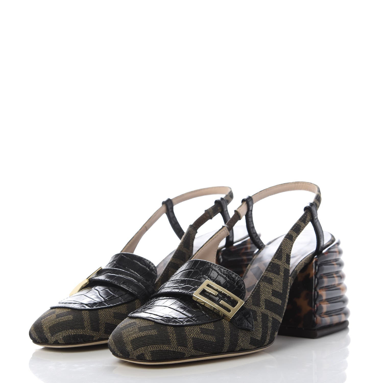 Fendi Jacquard Calfskin FF Tortoise Promenade Slingback Loafer Pumps 36.5 Tobacco 3 of 9