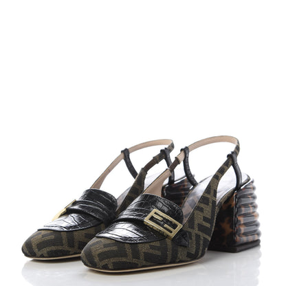 Fendi Jacquard Calfskin FF Tortoise Promenade Slingback Loafer Pumps 36.5 Tobacco 3 of 9