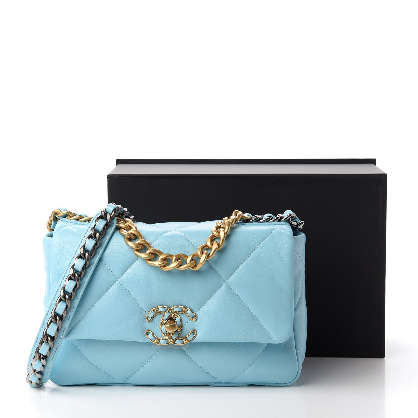 Shiny Lambskin Quilted Medium Chanel 19 Flap Neon Blue
