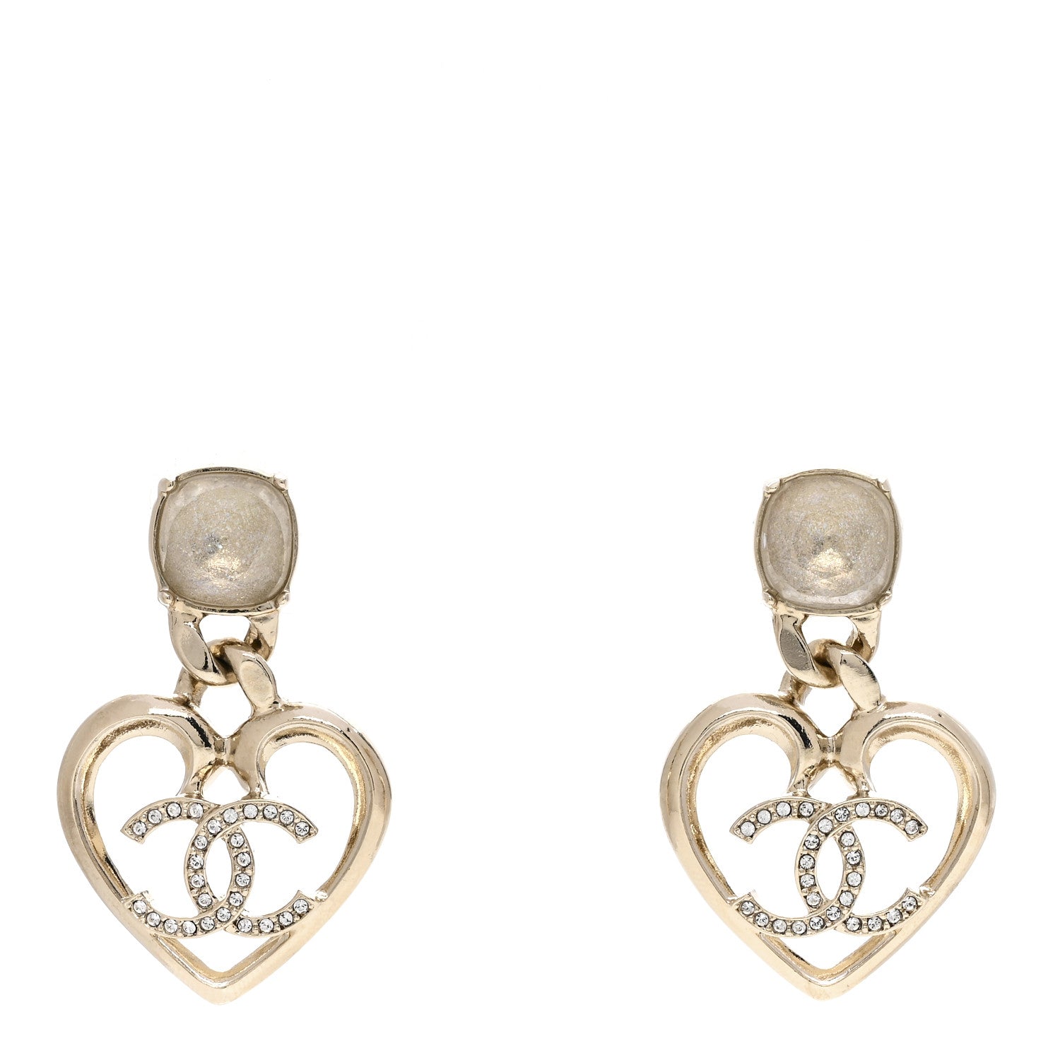 Chanel Metal Strass CC Heart Drop Earrings Gold 1 of 4