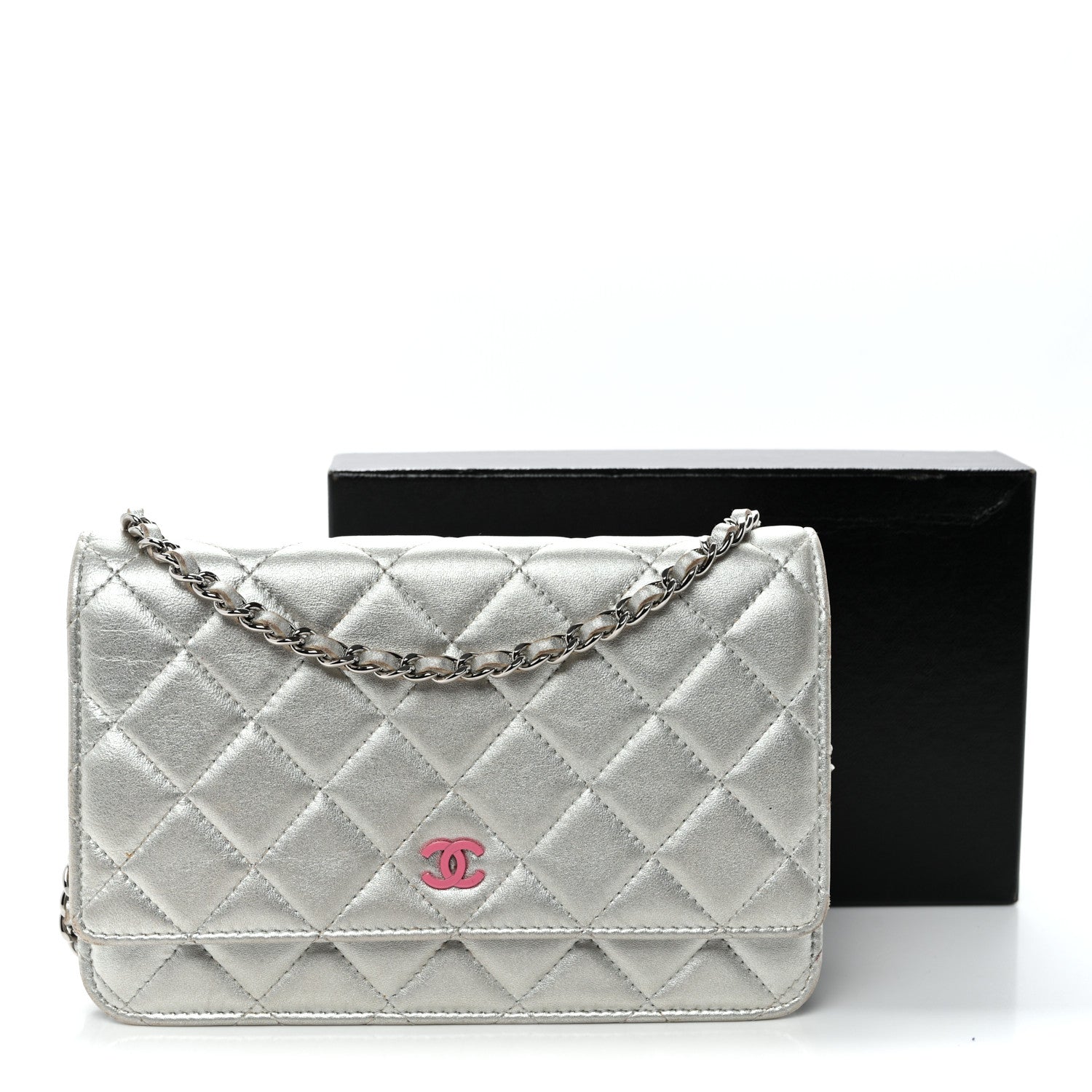 Chanel Metallic Lambskin Quilted Wallet On Chain WOC Silver 12 of 12