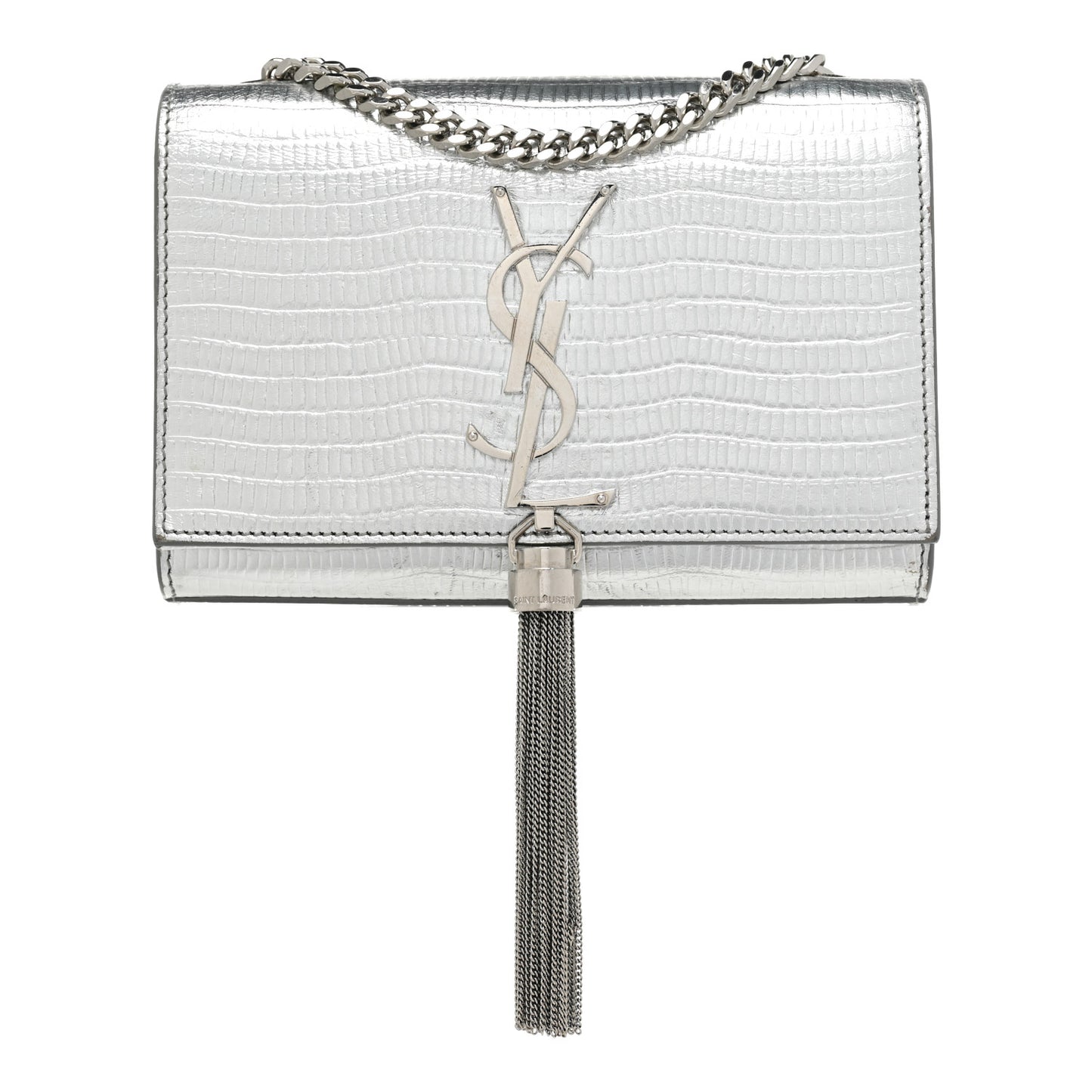 Metallic Calfskin Lizard Embossed Small Classic Monogram Kate Tassel Satchel Silver