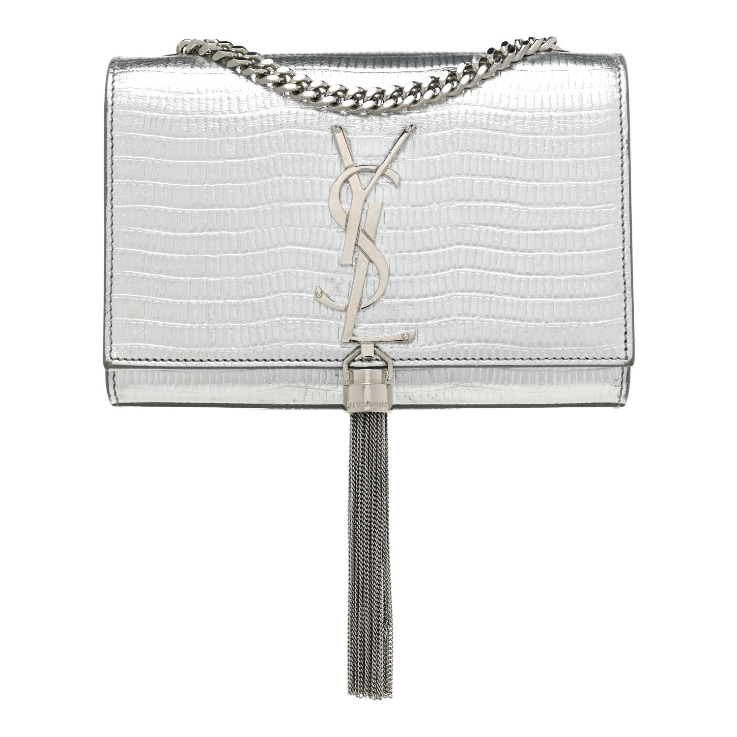 Saint Laurent Metallic Calfskin Lizard Embossed Small Classic Monogram Kate Tassel Satchel Silver 1 of 14