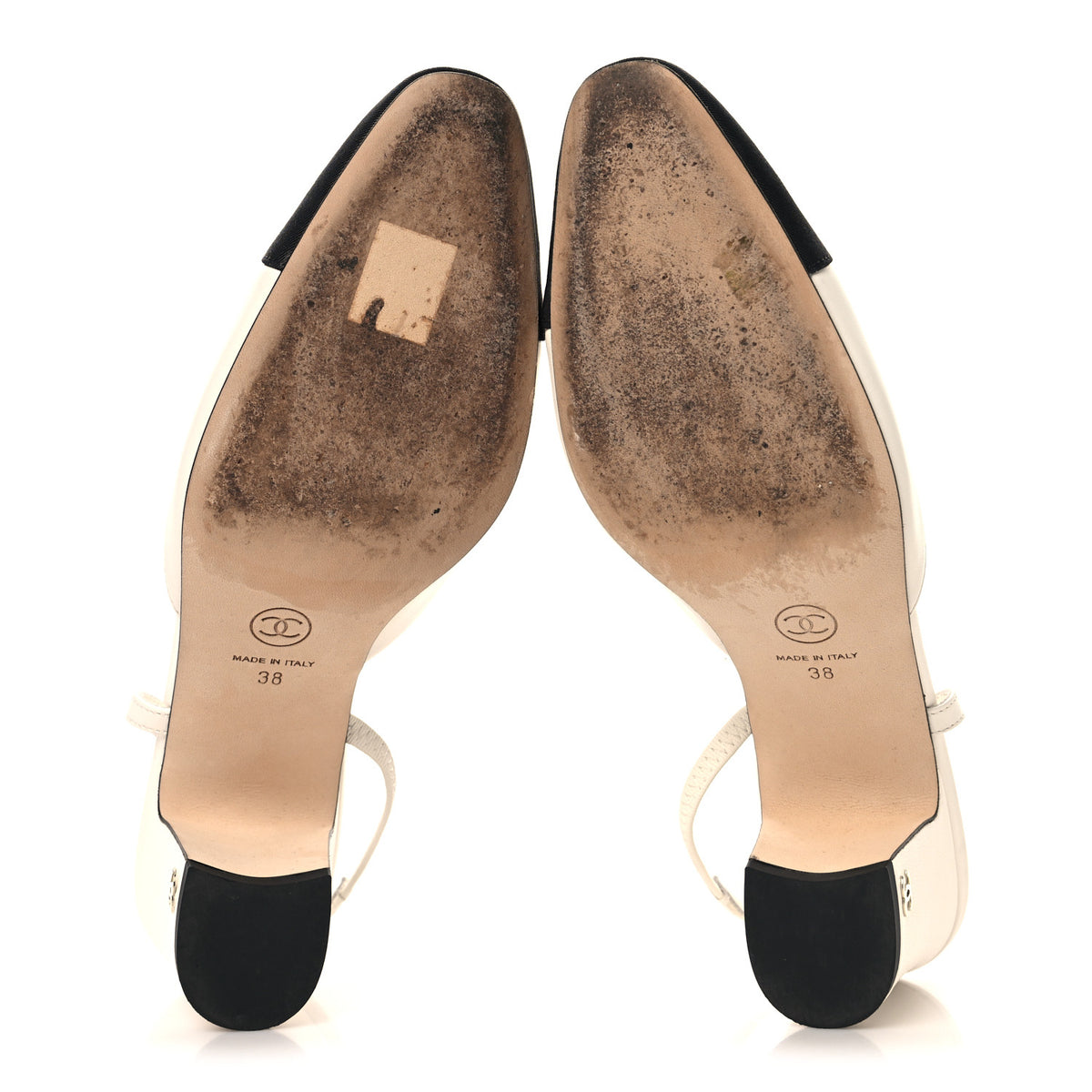 Chanel Goatskin Grosgrain Cap Toe CC Slingback Pumps 38 White Black 6 of 10