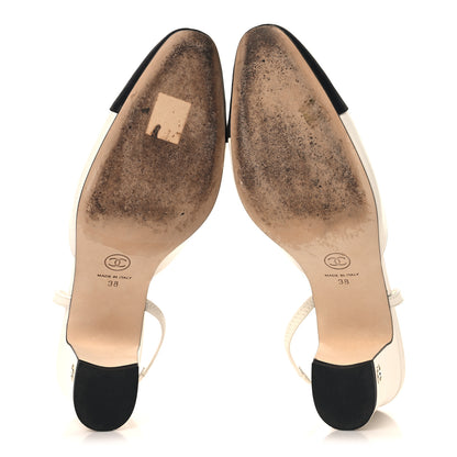 Chanel Goatskin Grosgrain Cap Toe CC Slingback Pumps 38 White Black 6 of 10