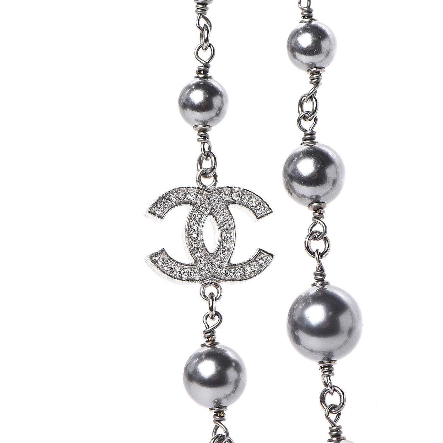 Crystal Pearl Beaded CC Long Necklace Ruthenium