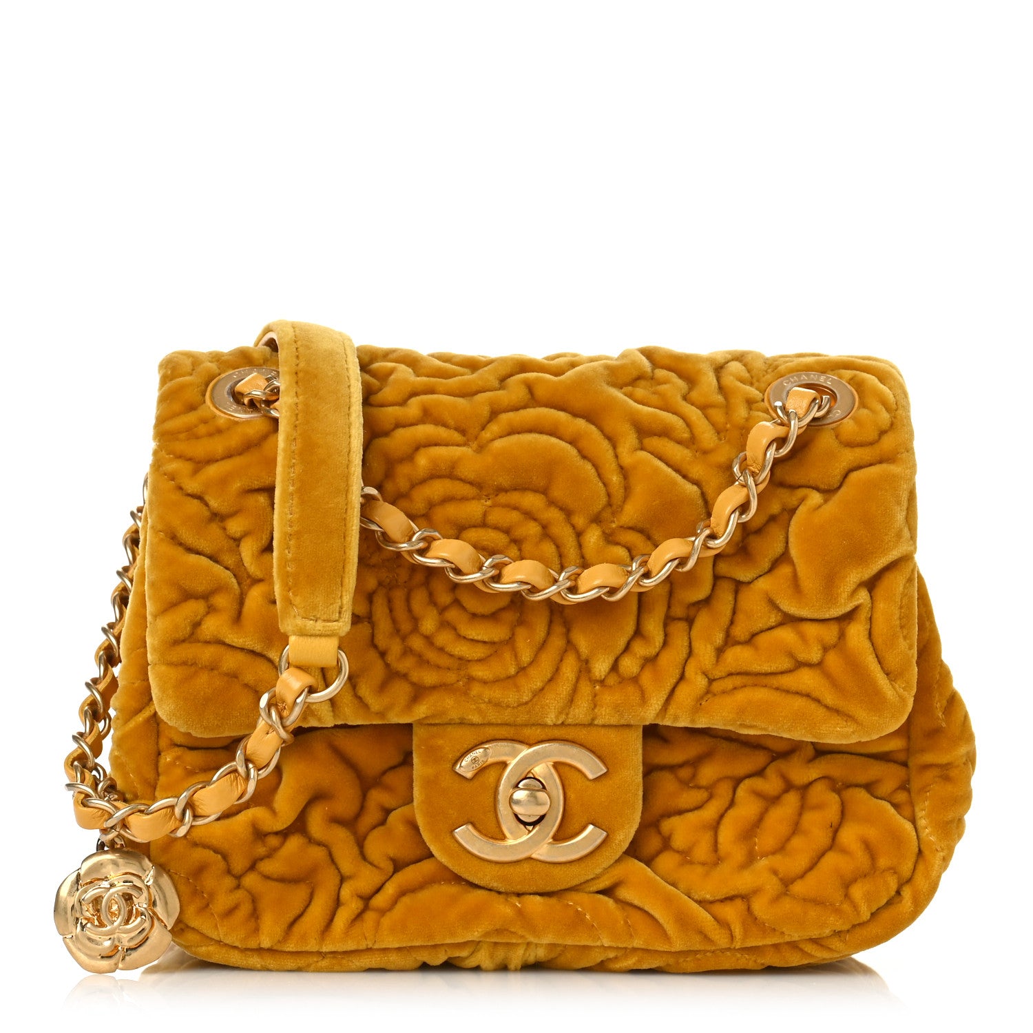 Chanel Velvet Camellia Embossed Mini Square Flap Yellow 1 of 10