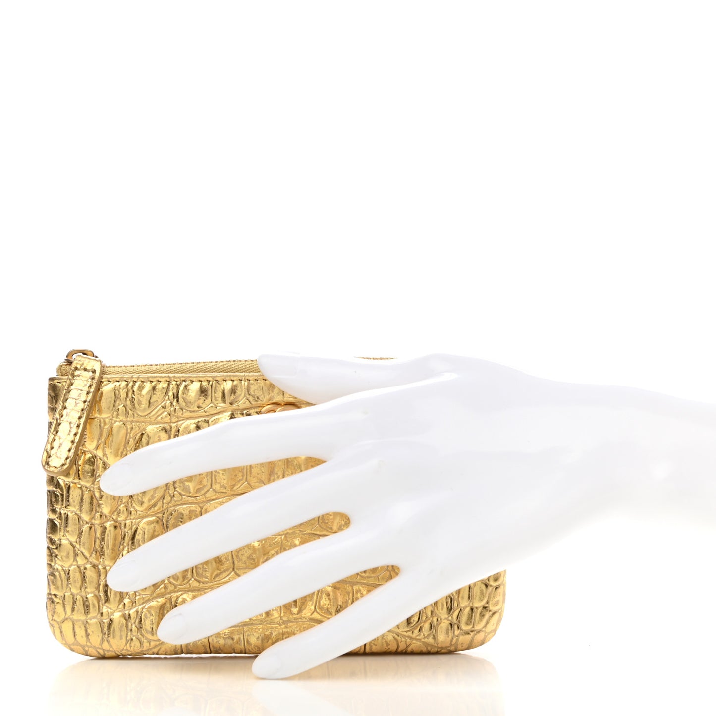 Metallic Calfskin Crocodile Embossed Cocodile Small Cosmetic Case Gold