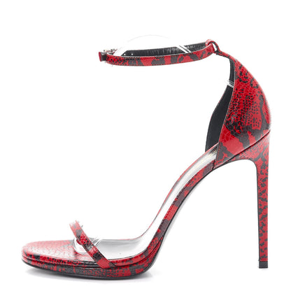 Saint Laurent Snake Calfskin Embossed Jane 105 Ankle Strap Sandals 40 Red Black 1 of 10