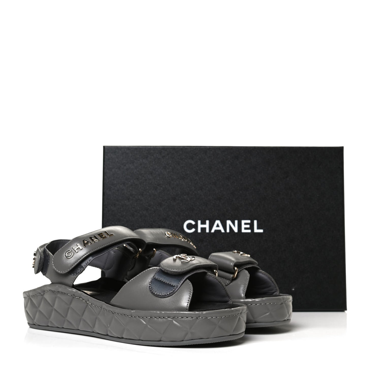 Shiny Calfskin Logo Platform Sandals 38 Grey