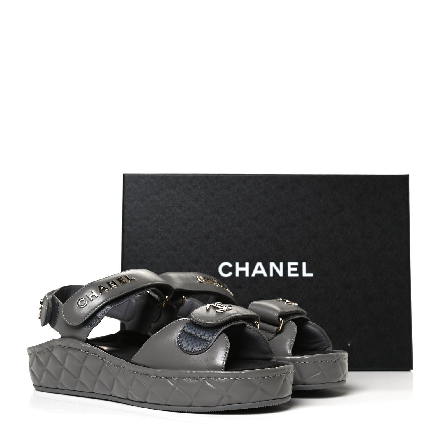 Chanel Shiny Calfskin Logo Platform Sandals 38 Grey 12 of 12