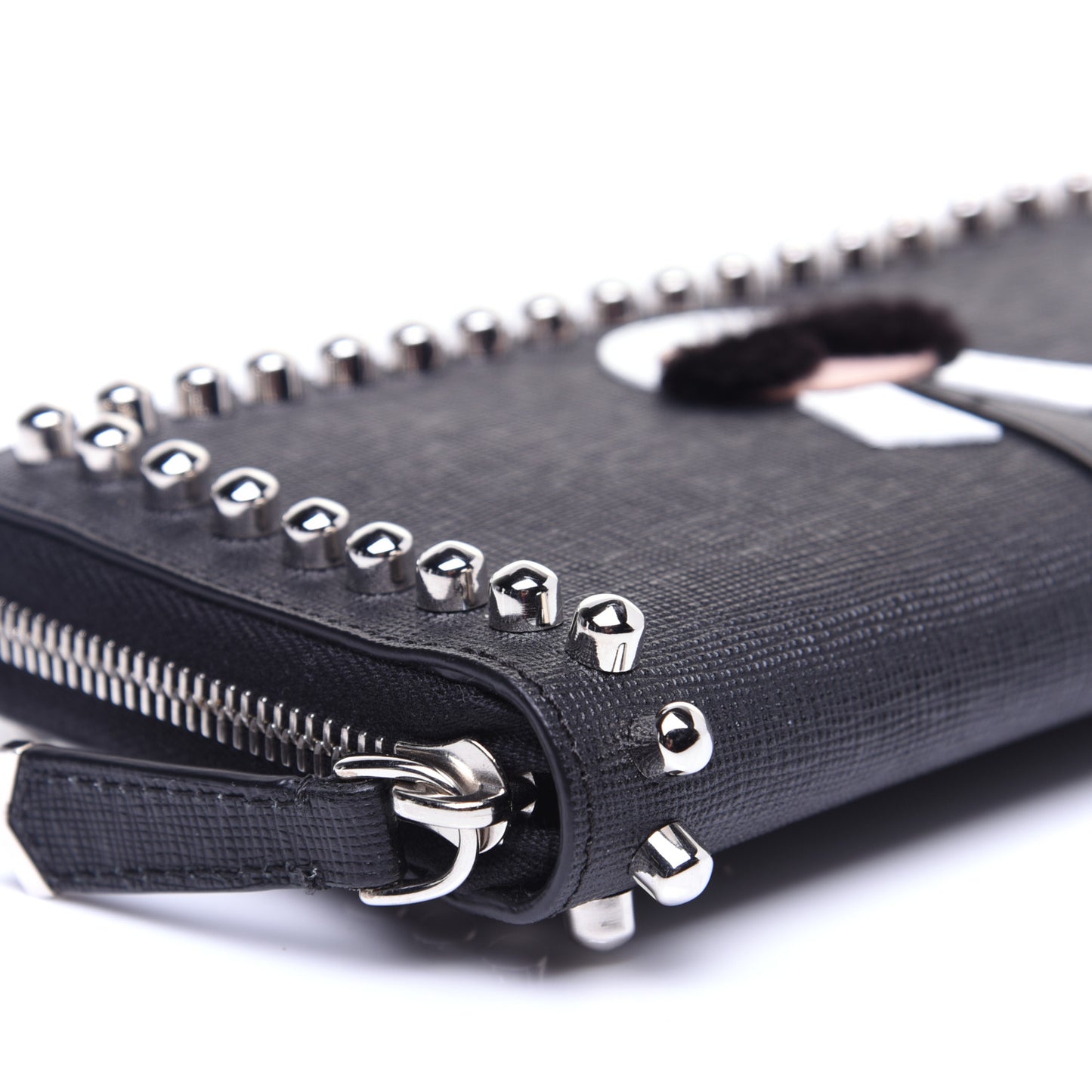 Vitello Elite Mink Fur Studded Karlito Zip Around Wallet Black