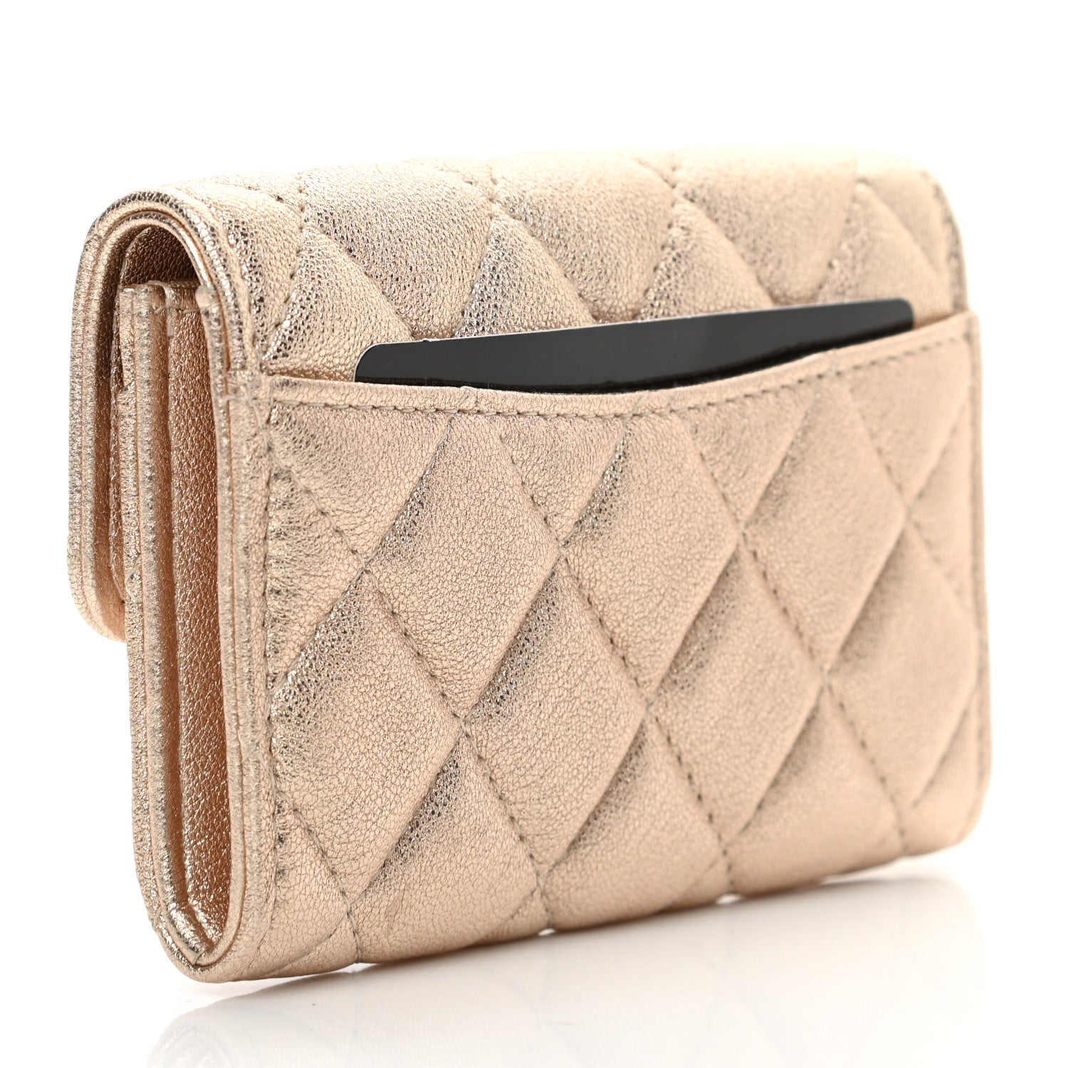 Chanel Metallic Lambskin Quilted Flap Card Holder Wallet Gold 3 of 10